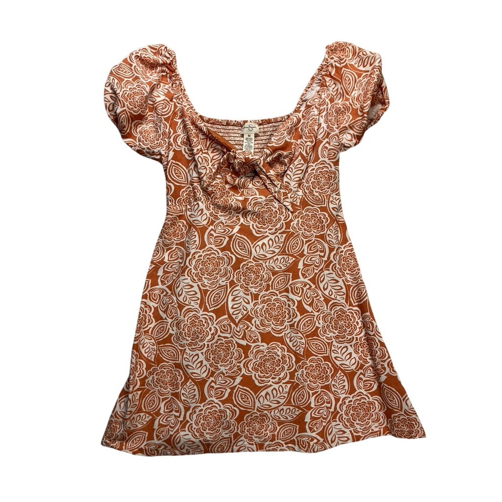 Jessica Simpson Mini Dress Womens Size Medium Orange‎ Floral Smocked Boho Summer